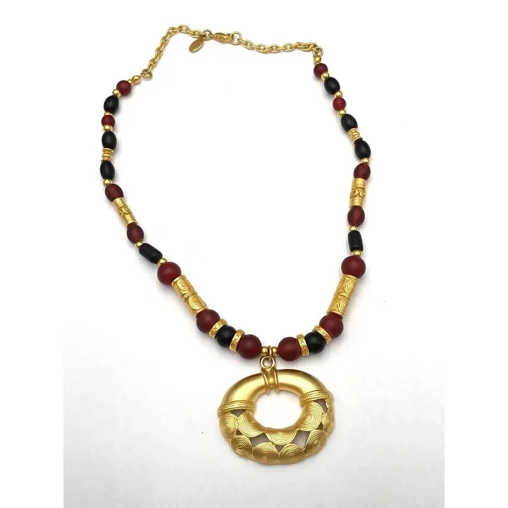 Inca Necklace Glass Beads Gold Tone Beads 17”